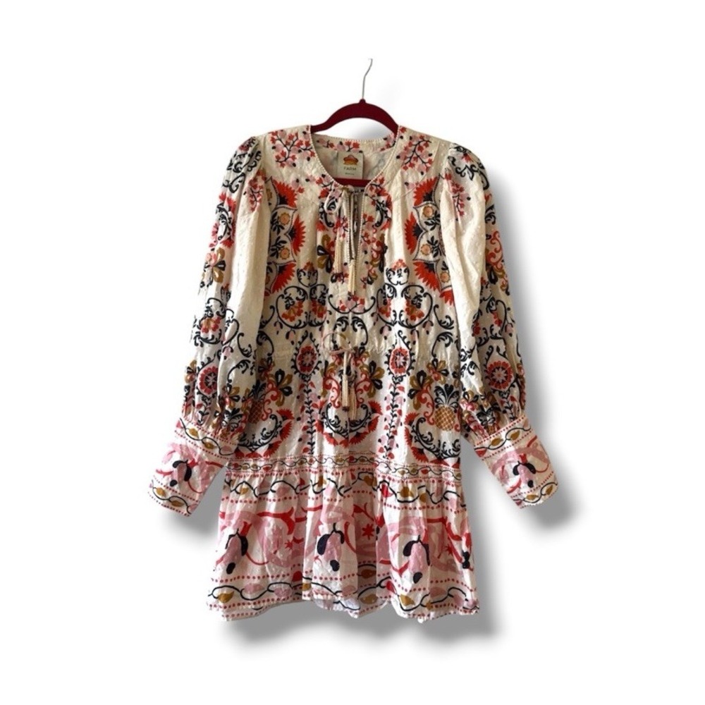 Farm Rio Cream Cashew Mandala Floral Swiss Dot Mini Dress Long Sleeve Size Small
